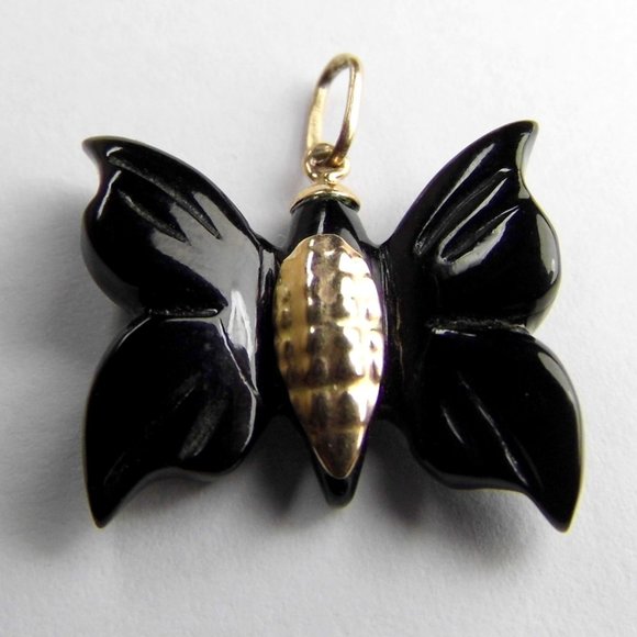 Genuine Black Coral 10KY Gold Butterfly Pendant